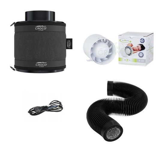 Complete ventilation kit Airroxy quiet (silent) 125mm 165m3 + Croco Filters Black fi 125mm 160-240m3/h 