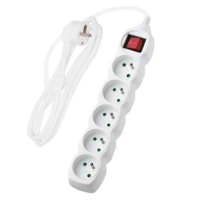 Extension cord with switch, 5 sockets, white, 3 m